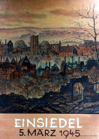 Einsiedel nach  dem Angrif am 5.Mrz 1945, Blick zur Kirche , Zeichnung von Walter Viertel